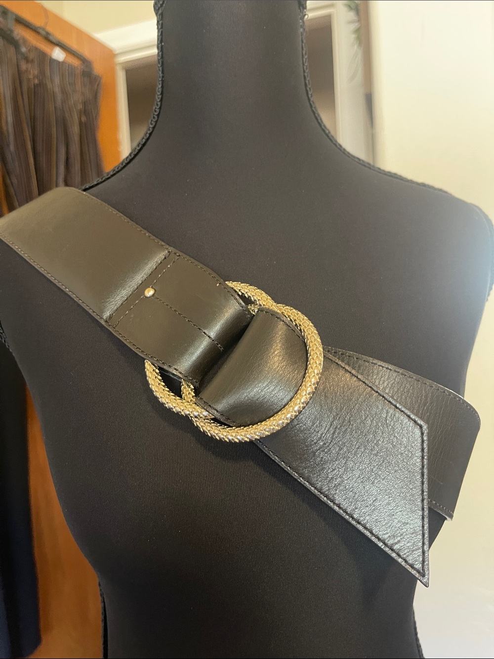 Brown Wide Leather Belt with Gold Braided Buckle
